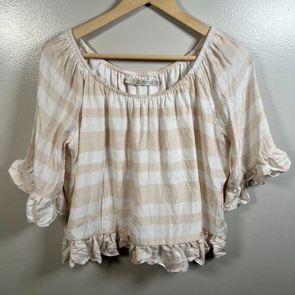 Marie Oliver Off the Shoulder Top Size Small Tan Stripes Ruffles Preppy - Picture 1 of 8